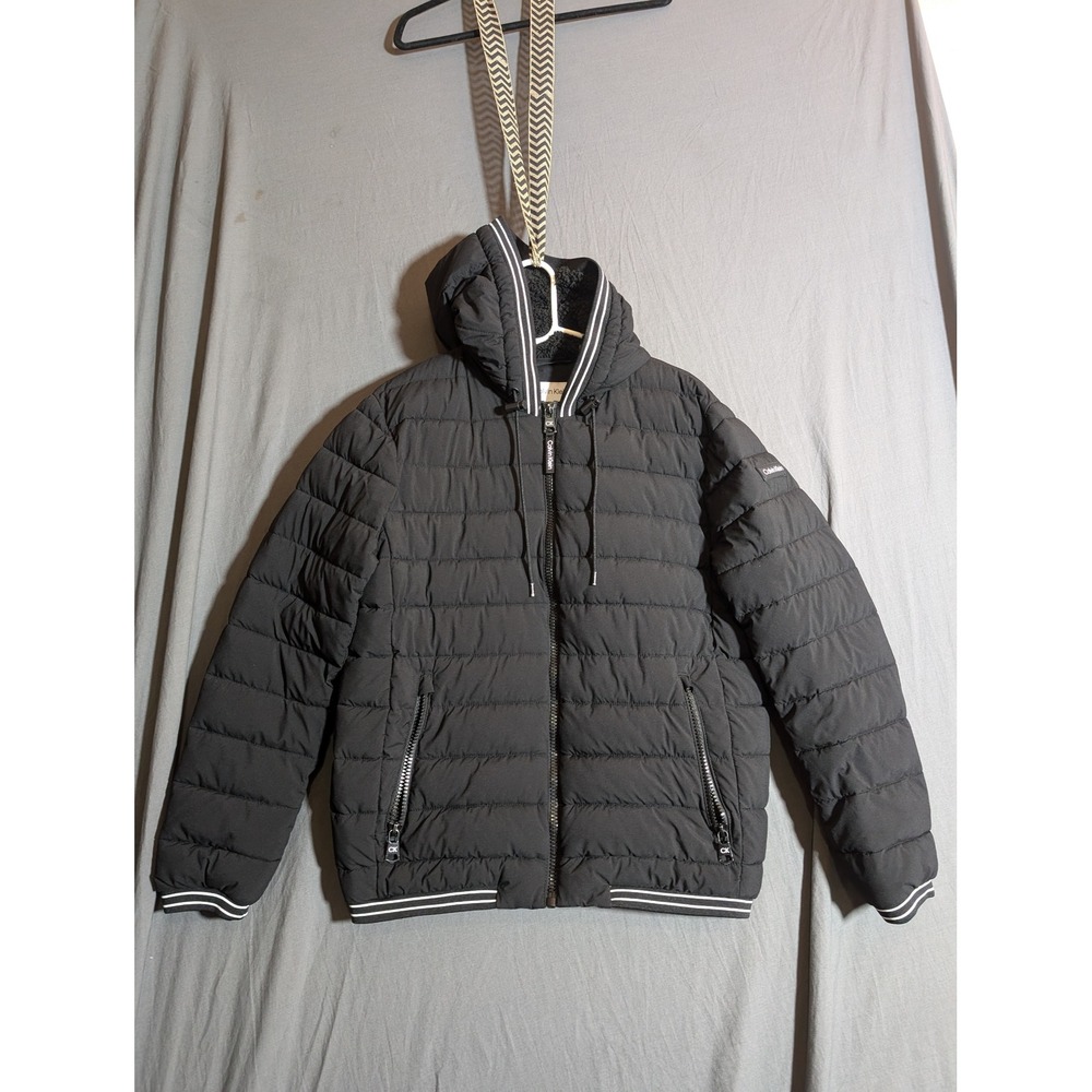 Calvin Klein Mens Puffer Jacket Hooded Black Full Zip Quilted Winter Size M